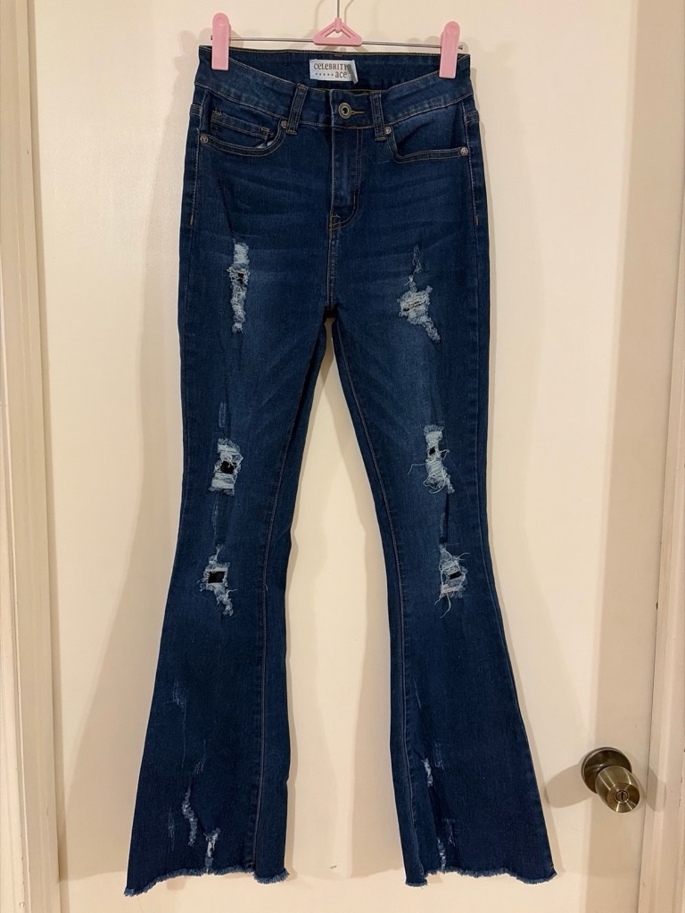 Celebrity Pink Mid-Rise Distressed Dark Blue Flare Jeans